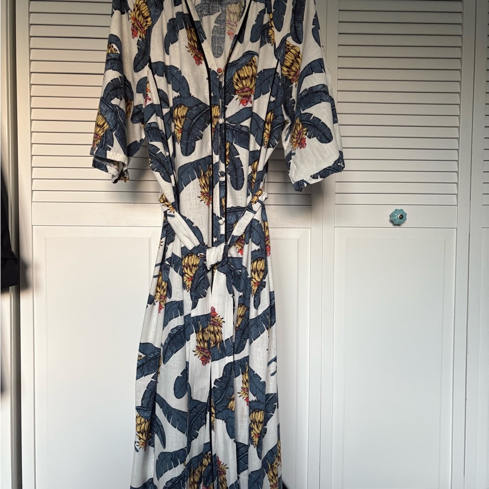 H&M Elegant Blue and Yellow Leaf Print Dress